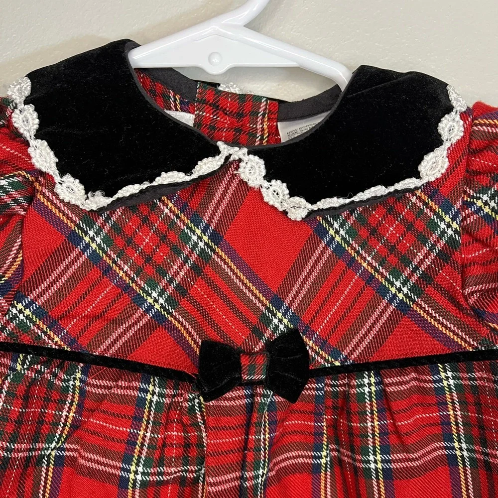 Youngland Red Christmas Plaid Baby Romper w Black Velvet Collar and Bow 3-6 mo